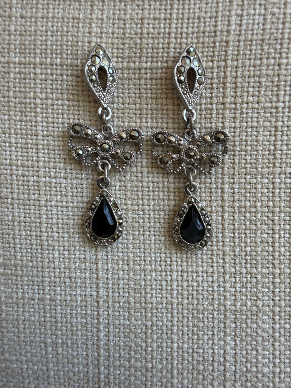 Vintage Marcasite Silver and Onyx Teardrop Bow Dangle Earrings